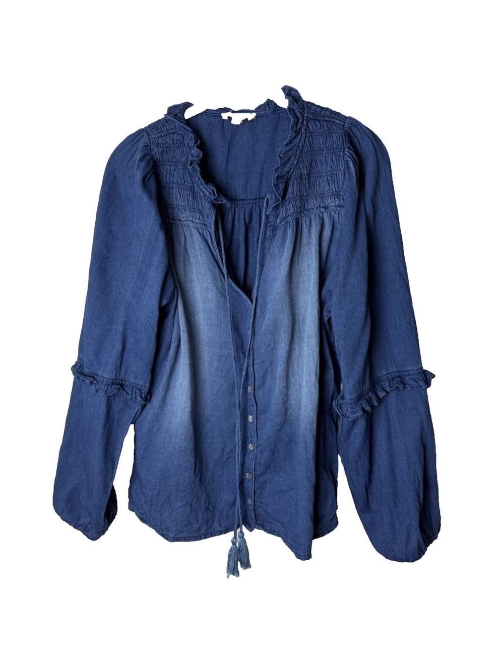 Elan Top Size Small Blue Chambray Blouse Smocked Ruffle Peasant Boho Tassel Ties